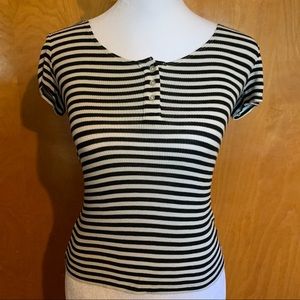 Aeropostale Black & White Striped Buttoned Top